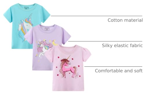 Image of Girls Graphic T Shirts 3 Pack 100% Cotton Short Sleeve Tees for Toddler Little Big Girls Cute Printed Casual Summer Tops