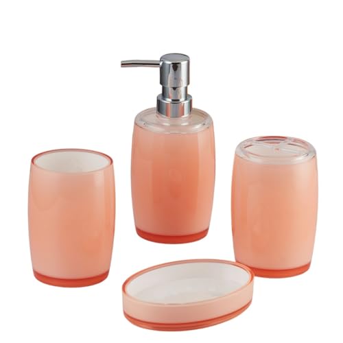 Image of Kookee Acrylic Bathroom Set - Stylish 4 Piece Bath Accessories Kit with Soap Dispenser, Toothbrush Holder, Tumbler & Soap Dish - Modern & Designer Decor for Home & Guest Bathrooms (8332)