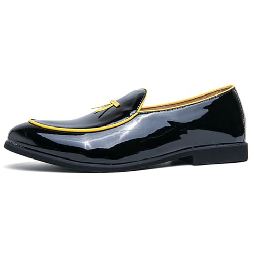 Men's Penny Loafers Patent Leather Loafers Slip-On Dress Shoes Black with Yellow Trim Formal Moccasins2