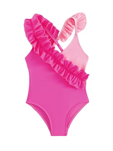 OYOANGLE Girl's One Piece Swimwear Colorblock Ruffle Trim Sleeveless V Neck Swimsuit Crisscross Backless Beachwear