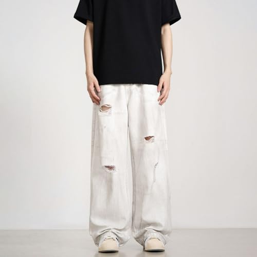 Jeans Pants Trousers Denim Retro Trendy Street Worn Hole Washed White Burr Hairy Loose Wide Leg Casual Straight Men3