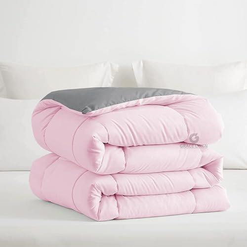Image of Restful Sleep Reversible All Weather Comforter Single Bed Size - Dohar /Rajai /Blanket /Duvet -250 GSM Quilt Soft Microfiber Fill Single Size (60 inchX90 inch) - Baby Pink /Silver Grey Color