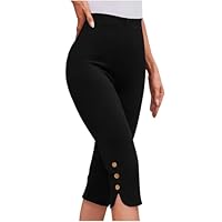 Women's Capri Leggings Stretch Yoga Capris Lightweight Comfy Cropped Athletic Pants Button Hem Workout Gym Leggings Pantalon Femme Black