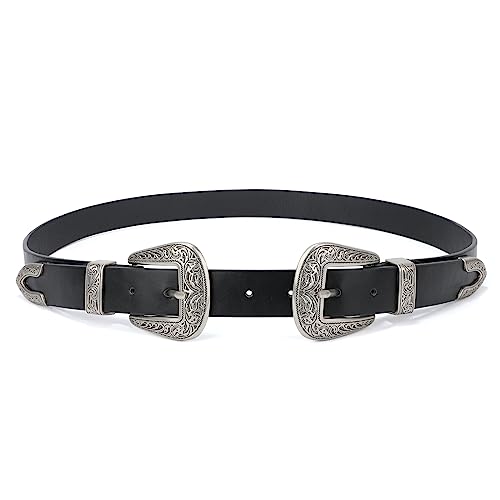 Image of JASGOOD Double Buckle Western Belts for Woman Cowgirl Country Belt Vintage Black Leather Belt for Jeans Pants Dresses