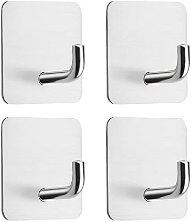 BOFUS Self Adhesive Silver Hooks 4 Pack, Stainless Steel Heavy Duty Sticky Hanger, Waterproof and Rustproof Hanging Holder Stick on Wall, Door, Bathroom, Kitchen, Office for Towel, Closet