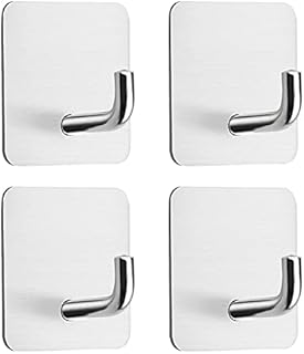 BOFUS Self Adhesive Silver Hooks 4 Pack, Stainless Steel Heavy Duty Sticky Hanger, Waterproof and Rustproof Hanging Holder Stick on Wall, Door, Bathroom, Kitchen, Office for Towel, Closet