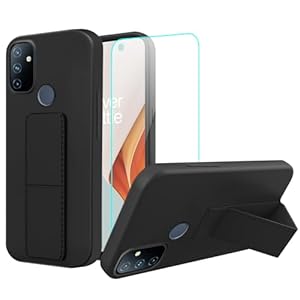 Compatible for OnePlus Nord N100 Phone Case with Tempered Glass Screen Protector, Hide Telescopic Folding Kickstand Silicone TPU Shockproof Protective Cover Case for OnePlus 1+ Nord N100 – Black