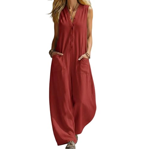 Enterizo de lino y algodón para mujer casual holgado sin mangas ropa de verano de pierna ancha