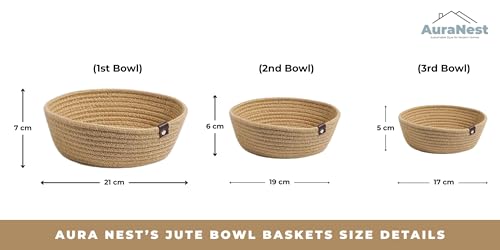 Image of AuraNest Handwoven Jute Rope Storage | Natural Shelf Organizer Bins for Kitchen, Home, Pantry, Bathroom & Wardrobe | Eco-Friendly Multipurpose Storage Baskets (Set of 3 Small, Medium & Large, Brown)