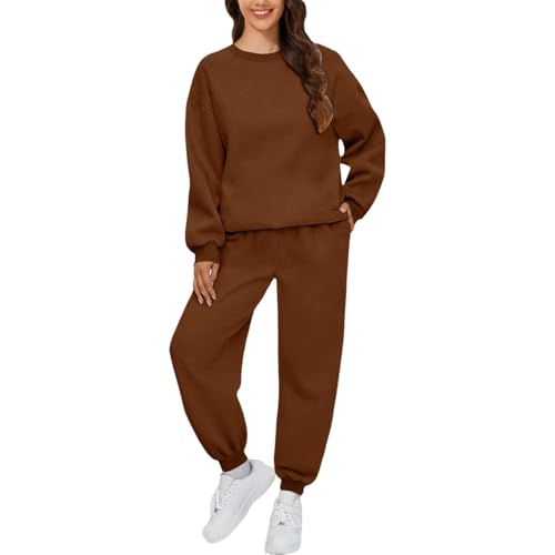 MJGkhiy Chándal de mujer deportivo completo de invierno de 2 piezas, sudadera sin capucha y pantalón, chándal de deporte, informal, color liso, cómodo y elegante, completo, marrón, XXL