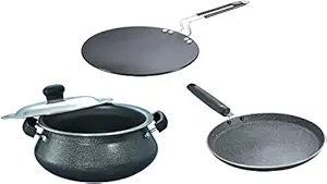 Prestige Handi with Lid (Black, 20cm)&Prestige Aluminium Dosa Tawa, Black, 25 cm&Prestige Aluminium Hard Anodised Cookware Induction Base Paratha Tawa, 26.5 cm, Black