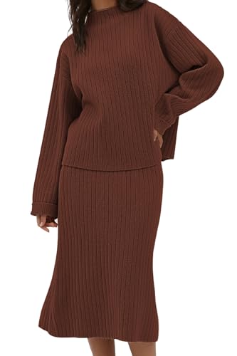 Image of CHYRII Womens Fashion Two Piece Outfits Mock Neck Oversized Sweater Tops Skirt Sets Sweater Dress Lounge Set
