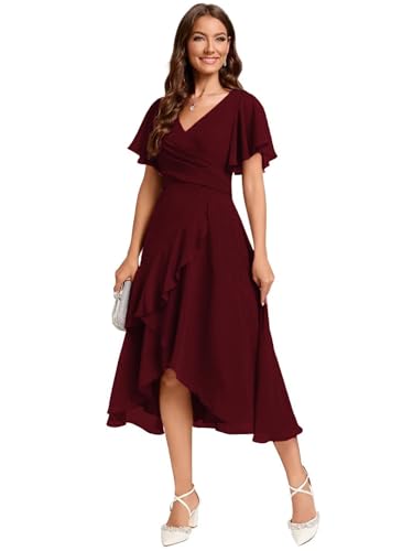 Flutter Sleeve Ruffle Chiffon Bridesmaid Dress Short A-Line V Neck Prom Dress for Women Formal Party Gowns with Pockets MR104
