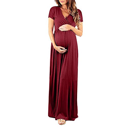 LANGWEI Vestido De Maternidad Maxi Algodón Verano Cuello En V Manga Corta Fiesta De Noche Informal Vestidos Largos,Rojo,L