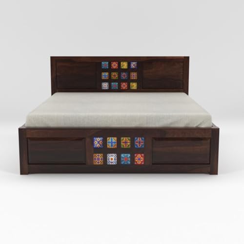 Image of SONA ART & CRAFTS Taurus Solid Sheesham Wood King Size Bed with Storage Box | Bed King Size Cot | Rajasthani Jodhpuri Tile Double Bed with Box for - Walnut Finish (Assembly Included)