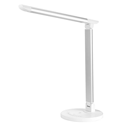 Lampe de Bureau LED, Lampe de 7 Niveaux de Luminosité Ajustable Contrôle Tactile Protection des Yeux et de 5 Modes de Couleur, avec 1 Port Chargeur USB pour Charger Smartphone