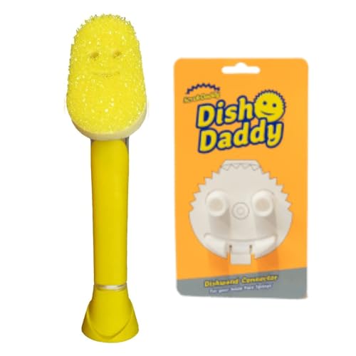 Scrub Daddy Dish Daddy Dish Wand & Connector Head Soap Dispensing Dish Brush Texture Changing Washing Up Sponge With Liquid Handle Dish Sponge with Built-in Scraper Scrubbing Head & Stand - Yellow