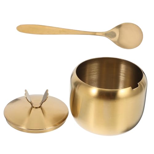 BRIGHTFUFU Stainless Steel Sugar Bowl Seasoning Shaker Salve Tins Condiment Bottle Spoon Seasoning Jars Sugar Shaker Seasoning Bottle Coffee Creamer Container Salt Crock Seasoning Pot Golden