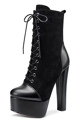 NobleOnly Mujer Plataforma Botas Tobillo Cremallera Cordones Ancho Tacón 15CM High Heels Botines Negro Ante Zapatos EU39