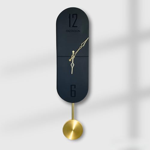 Image of OQTAGON Vertical Noir Designer Pendulum Wall Clock - Modern Slim Black Wall Clock for Living Room, Bedroom & Office | Minimalist Vertical Wall Decor