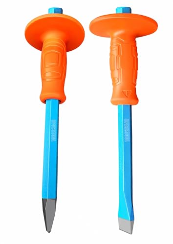 2 pcs 12-Inch Heavy Duty Masonry Chisels Set With Hand Protection, Point/Flat Head Cold Chisel For Concrete Rock Stone Breaking/Demolishing/Carving