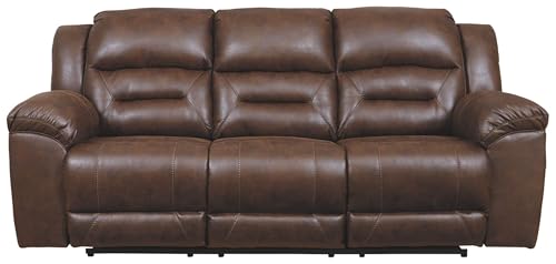 Image of Signature Design by Ashley Stoneland Faux Leather Manual Double Reclining Loveseat with Center Console, Light Brown