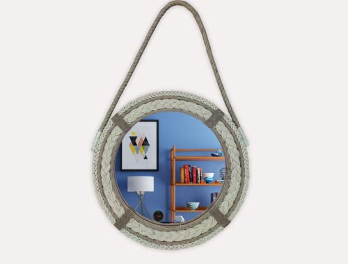 Explore India Crafts Nautical Coastal Round Mirror for Over Sink, Decorative Hand Knitted Ponytail Framed Rope Wall for Hanging in Bathroom, Bed Light and Brown 1001 ChotiJute