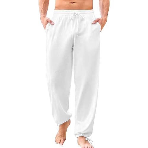 Pantalones de yoga para hombre, cintura elástica, estilo bohemio, de algodón, sueltos, cónicos, casuales, con cordón, ligeros, color blanco1, talla S