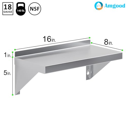 Image of AmGood 08 inch Width x 16 inch Length | Stainless Steel Wall Shelf | Square Edge | Metal Shelving | Heavy Duty | Commercial Grade | Wall Mount | NSF Certified