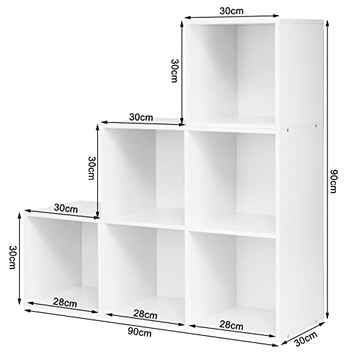 WOLTU weißes Regal für Buch Spielzeug, Bücherregal mit 6 Fächern, Schrank für Wohnzimmer Schlafzimmer, Raumteil aus Holzewerkstoff, Würfelregal Stufenregal 90x90x30 cm SK027ws