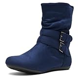Herstyle Slouch Flat Ankle Booties for Women – Short Boots with Buckle, Low Heel Side Zipper Fashion Booties for Fall Winter Walking, Navy, Size 8.0, Lindell