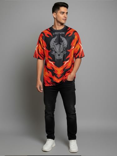 Image of LEOTUDE Men's Fire Flame and Skull Graphic Printed Oversized Polyester