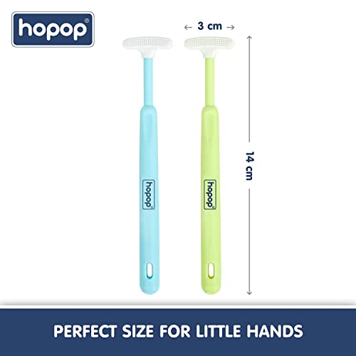 Image of Hopop Tongue Cleaner for Baby | Tender Baby Oral Cleaner Toothbrush with Silicone Scraper | Suitable from 6+ Months | 100% Safe Kids Tongue Cleaner | Pack of 2 | Blue & Green