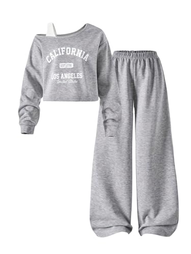 RoseSeek Girl's Fall Outfits Off The Shoulder Cropped Sweatshirt Tops and Wide Leg Baggy Sweatpants Set Grey 12Y