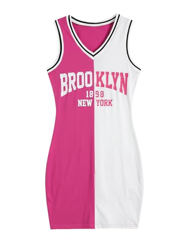 Image of SOLY HUX Women's Letter Graphic Print Color Block V Neck Sleeveless Bodycon Mini Dress