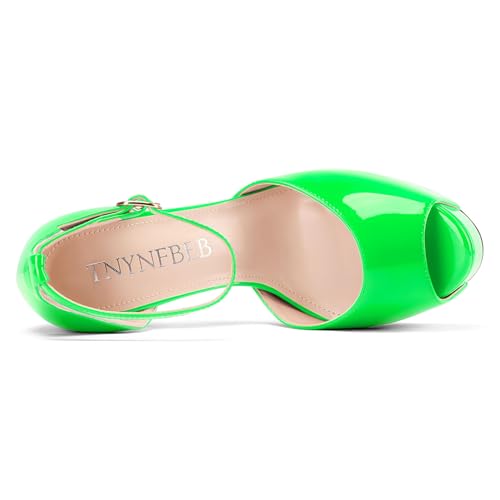 Image of TNYNFBEB Womens Stiletto High Platform Heel Peep Open Toe Sandals Ankle Strap Buckle Prom Party Dress Patent Leather 6.1 Inches Heels