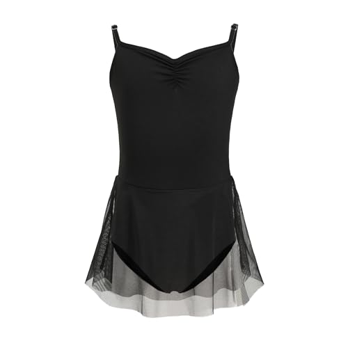 HIPPOSEUS Girls' Ballet Leotards with Skirt - Adjustable Straps, Hollow Back Design - Camisole Dance Dress for Toddlers & Kids,JLQ06-Black, 11-12Years