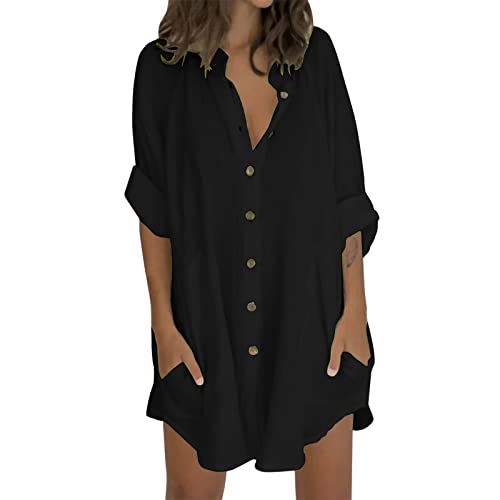 chinese dress ladies Long Sleeve Shirt Dresses for Women Trendy Banded Collar Button Down Shirt  Dressy Casual Shift Dress with Pockets Black at Amazon Women's Clothing  store