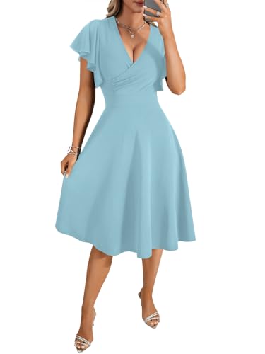 Image of LYANER Women's Warp V Neck Ruffle Short Sleeve A Line Swing Flared Cocktail Party Midi Dress