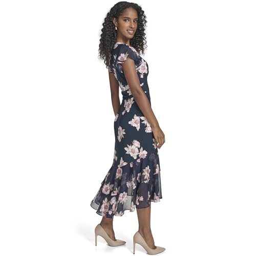 Image of Tommy Hilfiger Women's Flutter Sleeve V-Neck Ruffle Trim Hi-Lo Midi Dress