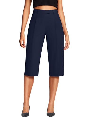 ISEEGZ 18 Capri Pants for Women Relaxed Fit Dressy Capris Pant Pleated Business Casual Work Trousers with Pockets Navy Blue