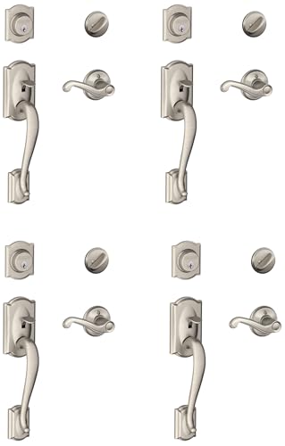 Image of Schlage Camelot Single Cylinder Handleset and Right Hand Flair Lever, Satin Nickel (F60 CAM 619 FLA RH) (Pack of 4)