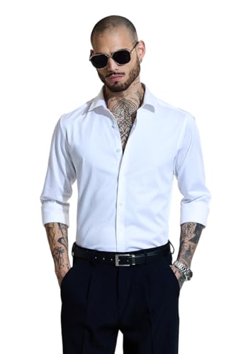 Image of SNITCH Men Formal Shirt | Slim Fit Long Sleeve Spread Collar Solid Design | Premium Cotton Blend & Breathable Fabric for Office & Casual Wear