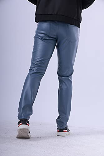 Men`s Summer Business Thin Slim Fit PU Dress Faux Leather Pants Jeans Blue/404