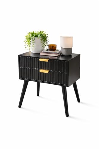 Image of Brown Art SHOPPEE Wooden Bedside Table for Bedroom | Line Design Bed Side Nightstand Lamp Table with 2 Drawers for Home | Side Table for Living Room | Premium Engineered Wood & Wood Legs (Black)