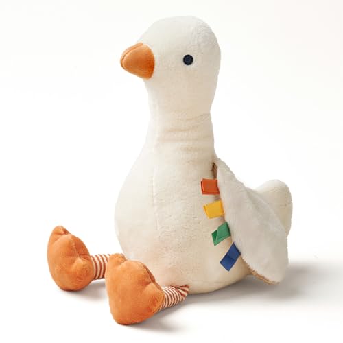 Itzy Ritzy Snuggles Plush Toy – Soft Stuffed Animal for Babies, Kids & Adults – Sensory Ribbons & Textured Fabrics for Tactile Play – Cozy & Cuddly Companion for Newborns & Up (Goose)