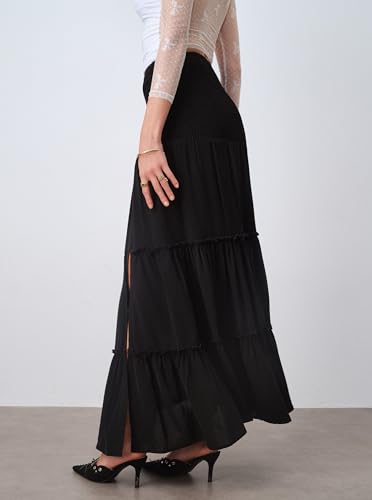Womens Slit Flowy Boho Maxi Skirt Summer Trendy Shirred High Waisted Ruffle Tiered Beach Long Skirts2