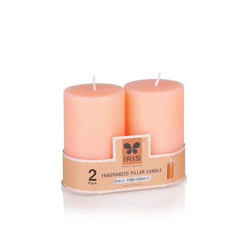 Image of IRIS Peach & Pomegranate Fragranced Pillar Candles Set of 2 - Premium Aromatherapy Candles for Relaxation, Long-Lasting Burn, Elegant Home Decor, Ideal for Gifting