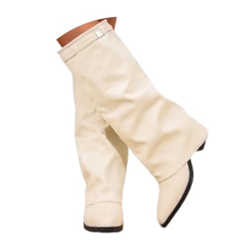 ticticlily Fold over Stiefel Damen Spitzer Zehenbereich Plateauabsatz Langschaft Knee High Boots Winter Warme Komfort Weitschaftstiefel B Beige 39 EU
