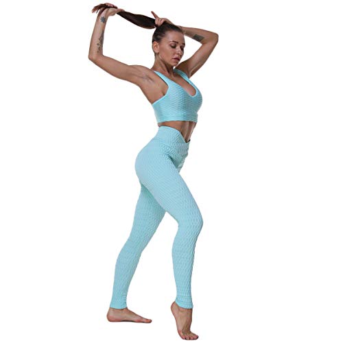 Image of RNG EKO Green Spandex Skinny 2 Piece (Sports Bra + Leggings) Fitness /Gym /Yoga /Sports Wear Set for Women (Pastel Light Blue, M)